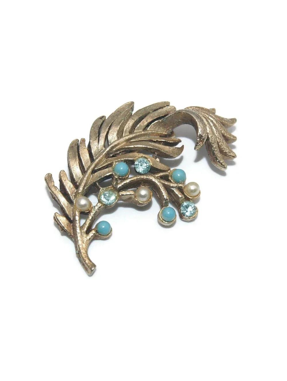 VTG Gold Tone Leaf Branch Brooch, Blue Rhinestones, Blue Pearls, White Pearls.